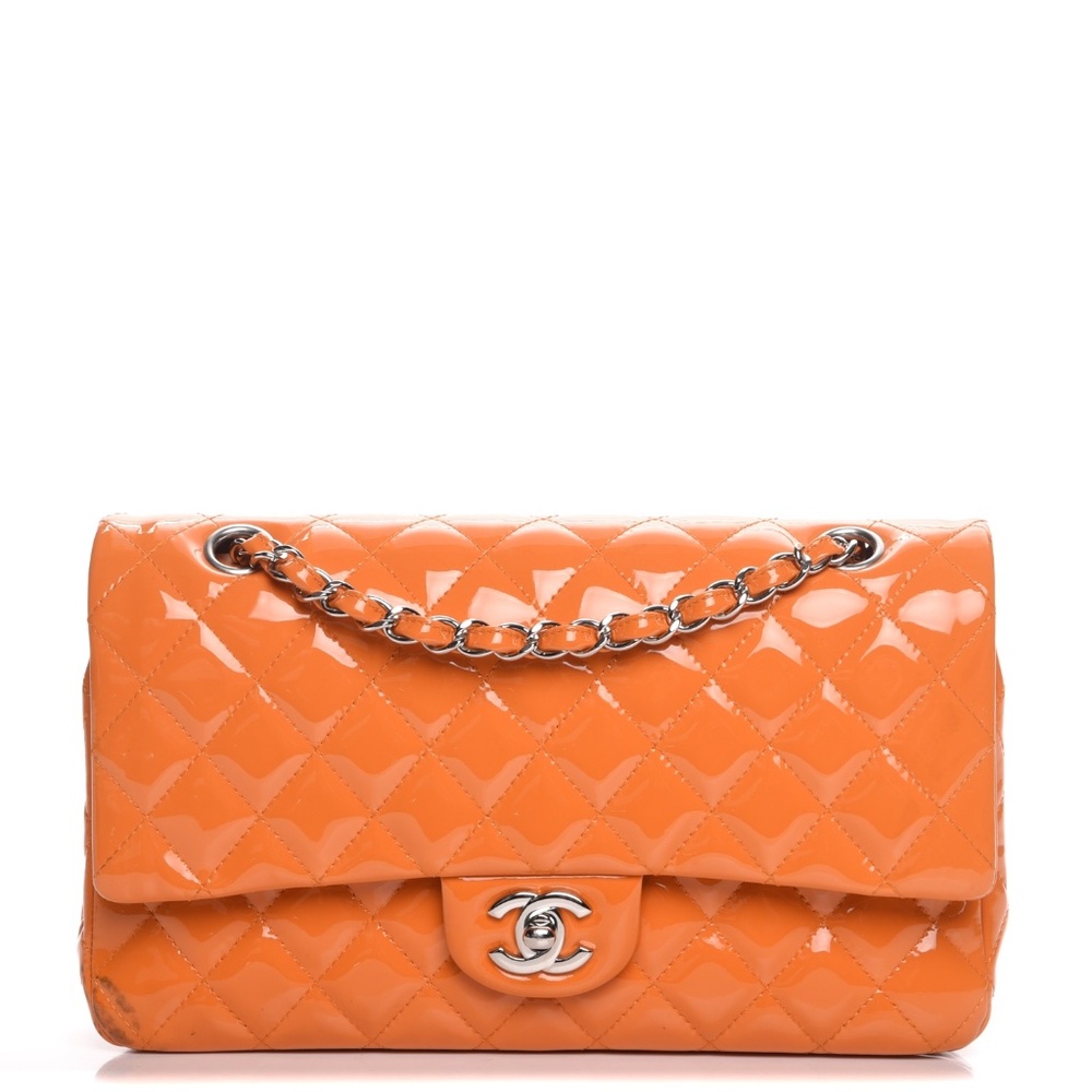 CHANEL  Patent Quilted Medium Double Flap Orange